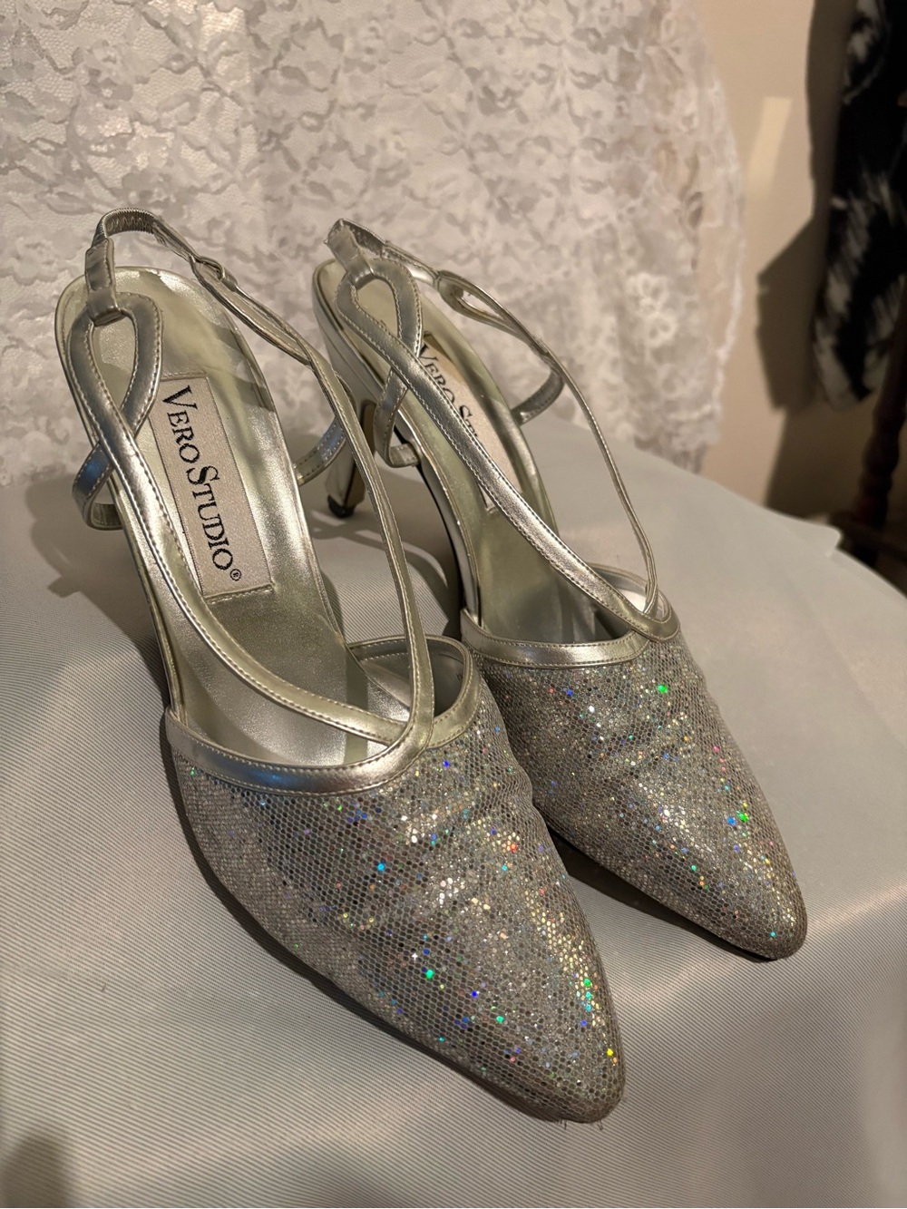 Silver Glitter Pointed Slingback Heels